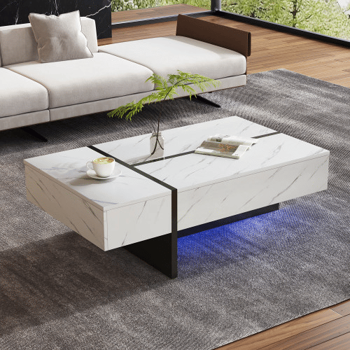 Mesa de centro retangular de painel de partículas com 3 gavetas e luz LED,branco