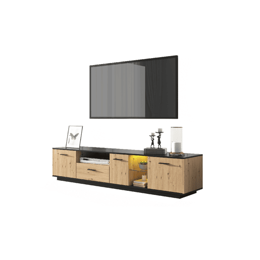 Móvel de TV 180cm de MDF com luz lED,3 portas,1 gaveta e compartimentos,preto+madeira