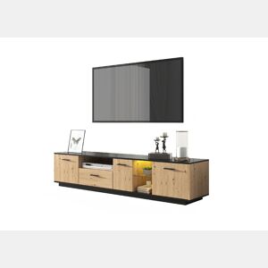 Móvel de TV 180cm de MDF com luz lED,3 portas,1 gaveta e compartimentos,preto+madeira