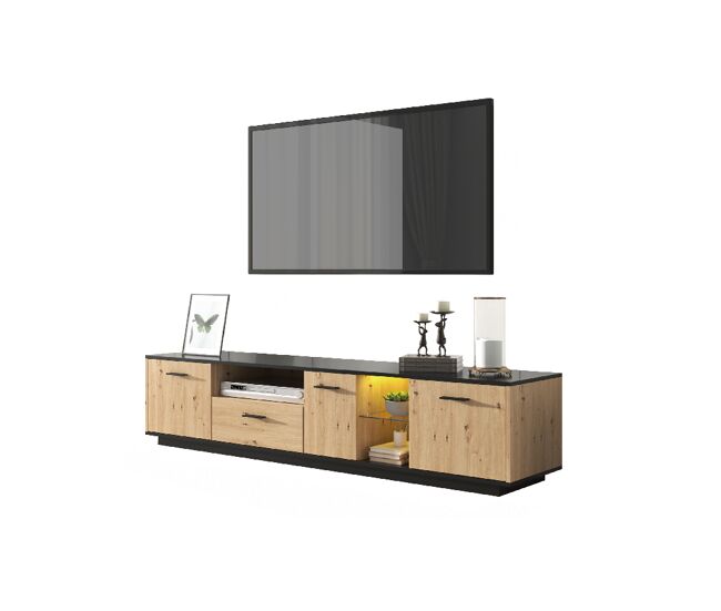 Mueble TV 180cm de MDF con luz lED,3 puertas,1 cajón y compartimentos,negro+madera
