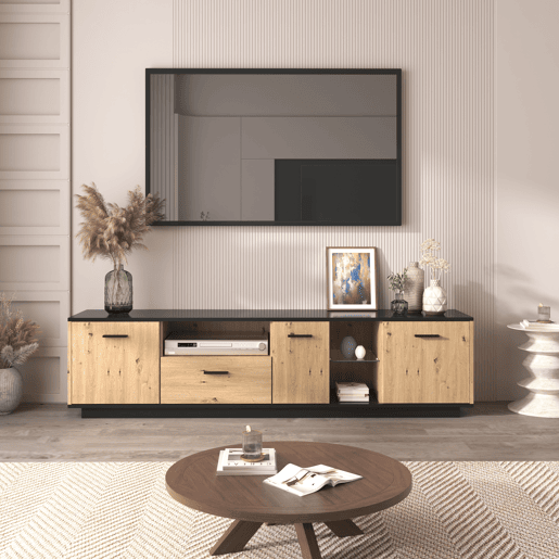 Móvel de TV 180cm de MDF com luz lED,3 portas,1 gaveta e compartimentos,preto+madeira