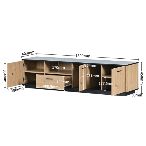 Móvel de TV 180cm de MDF com luz lED,3 portas,1 gaveta e compartimentos,preto+madeira