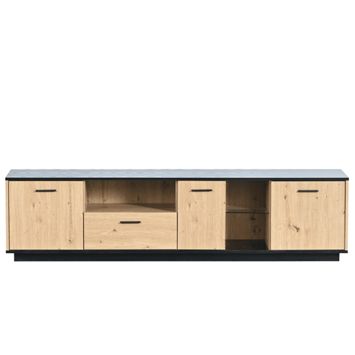Móvel de TV 180cm de MDF com luz lED,3 portas,1 gaveta e compartimentos,preto+madeira