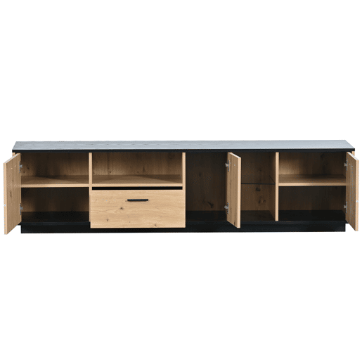 Móvel de TV 180cm de MDF com luz lED,3 portas,1 gaveta e compartimentos,preto+madeira
