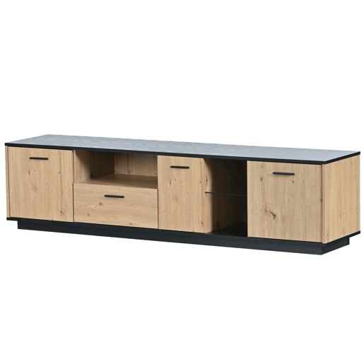Móvel de TV 180cm de MDF com luz lED,3 portas,1 gaveta e compartimentos,preto+madeira