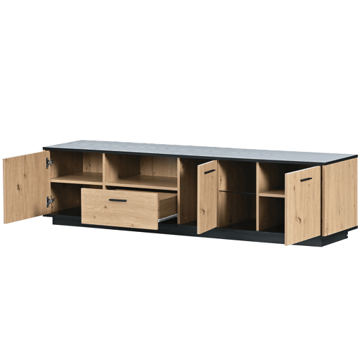 Móvel de TV 180cm de MDF com luz lED,3 portas,1 gaveta e compartimentos,preto+madeira