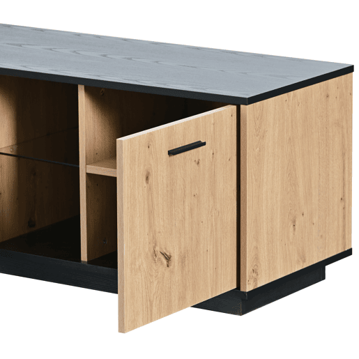 Móvel de TV 180cm de MDF com luz lED,3 portas,1 gaveta e compartimentos,preto+madeira