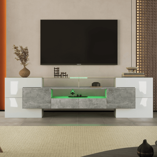 Móvel de TV 200cm de MDF com luz LED,6 portas e 2 gavetas,cinzento