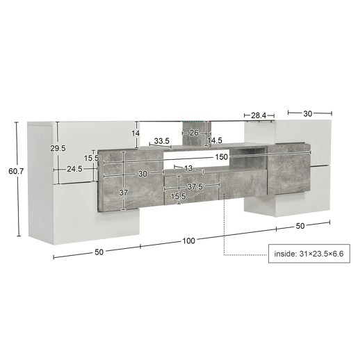 Móvel de TV 200cm de MDF com luz LED,6 portas e 2 gavetas,cinzento