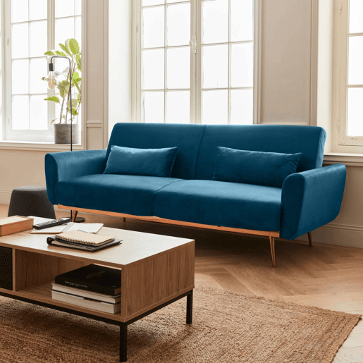 Sofá-cama de veludo de 2 a 3 lugares, Oskar veludo, Azul, 85x206.5x84 cm