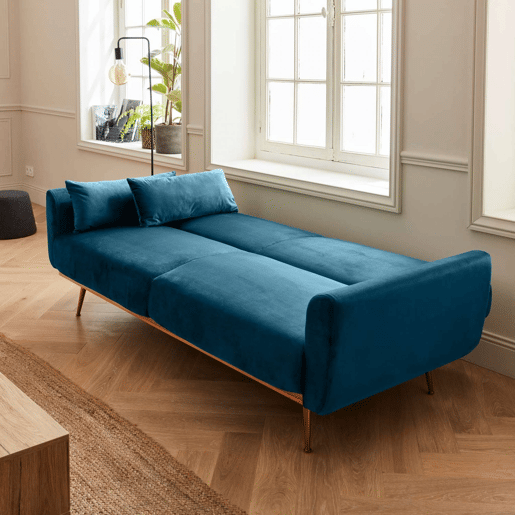 Sofá-cama de veludo de 2 a 3 lugares, Oskar veludo, Azul, 85x206.5x84 cm