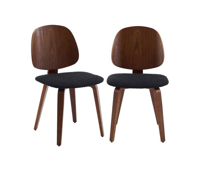 Silla de madera de álamo curvado chapado en nogal y boucle texturizada, set de 2, sophia, negro, 47x53x81 cm