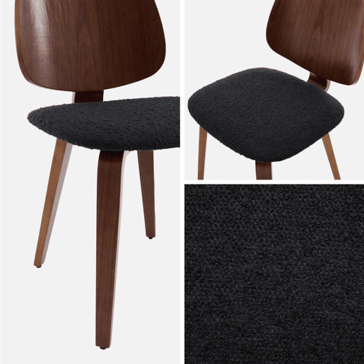 Cadeira curvada de madeira em tecido boucle, set de 2, Sophia, Preto, 47x53x81 cm