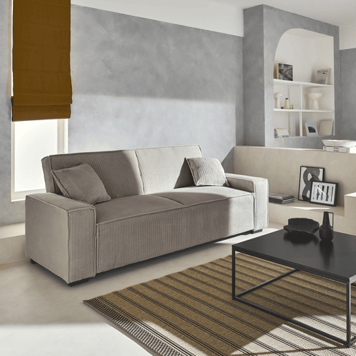 Sofá-cama em tecido veludo canelado grosso de 3 lugares, Feel veludo canelado, Beige, 231x96.5x80 cm