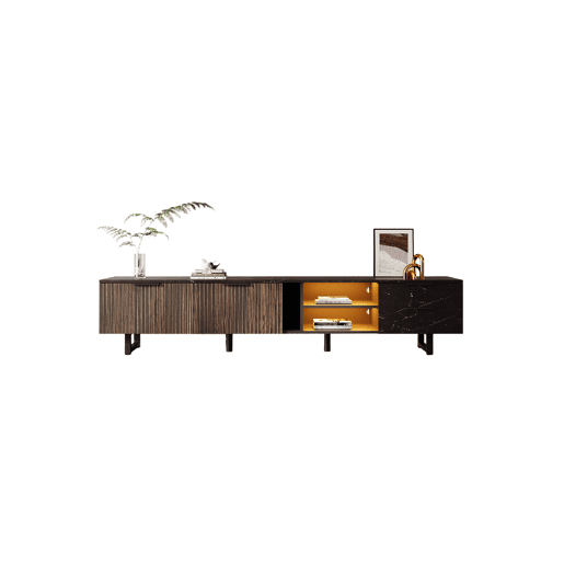 Móvel de TV 200cm de MDF com luz LED,2 portas,2 gavetas e 2 estantes,preto+madeira