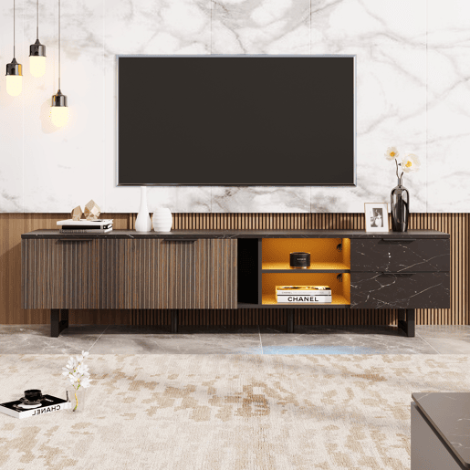 Móvel de TV 200cm de MDF com luz LED,2 portas,2 gavetas e 2 estantes,preto+madeira