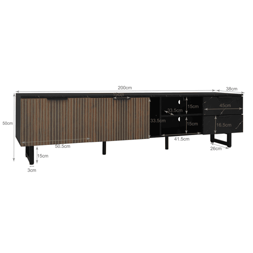 Móvel de TV 200cm de MDF com luz LED,2 portas,2 gavetas e 2 estantes,preto+madeira