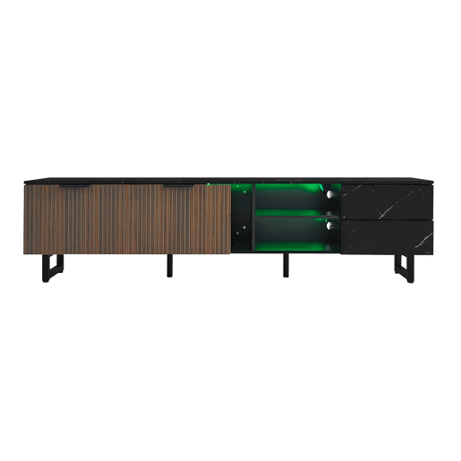 Móvel de TV 200cm de MDF com luz LED,2 portas,2 gavetas e 2 estantes,preto+madeira