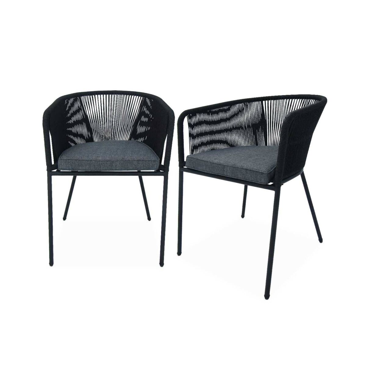 Sillón de jardín de cuerda y acero galvanizado, set de 2, santos, negro, 56.5x59x79 cm