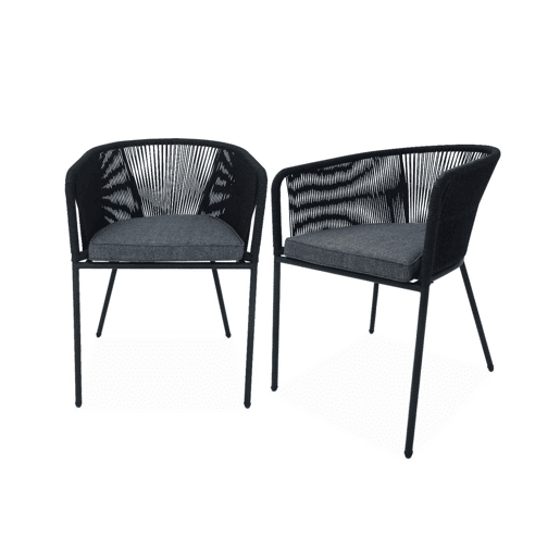 Cadeirão de jardim em corda e aço galvanizado, set de 2, Santos, Preto, 56.5x59x79 cm