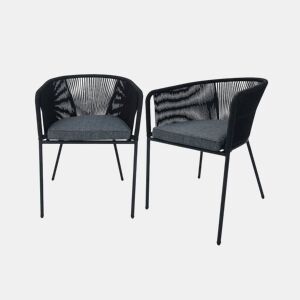 Cadeirão de jardim em corda e aço galvanizado, set de 2, Santos, Preto, 56.5x59x79 cm
