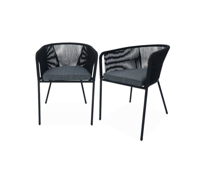 Sillón de jardín de cuerda y acero galvanizado, set de 2, santos, negro, 56.5x59x79 cm