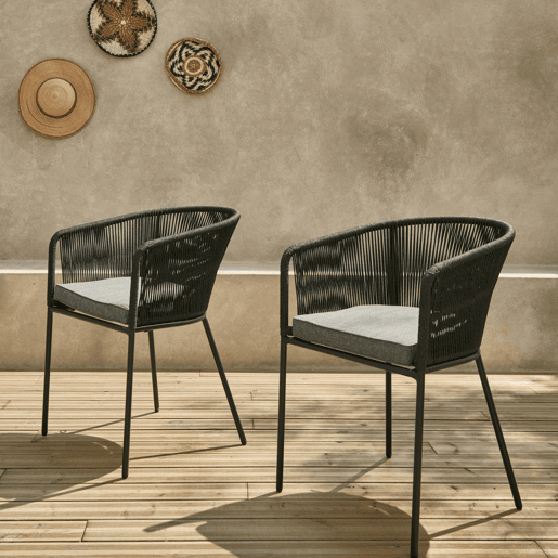 Cadeirão de jardim em corda e aço galvanizado, set de 2, Santos, Preto, 56.5x59x79 cm