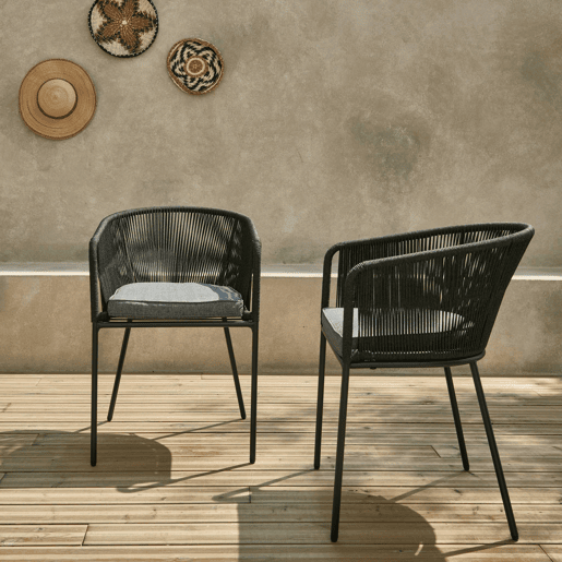 Cadeirão de jardim em corda e aço galvanizado, set de 2, Santos, Preto, 56.5x59x79 cm