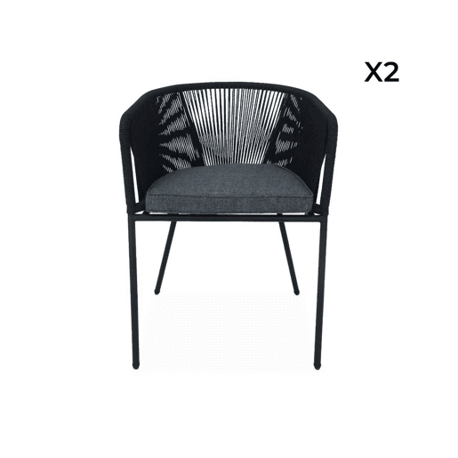 Cadeirão de jardim em corda e aço galvanizado, set de 2, Santos, Preto, 56.5x59x79 cm