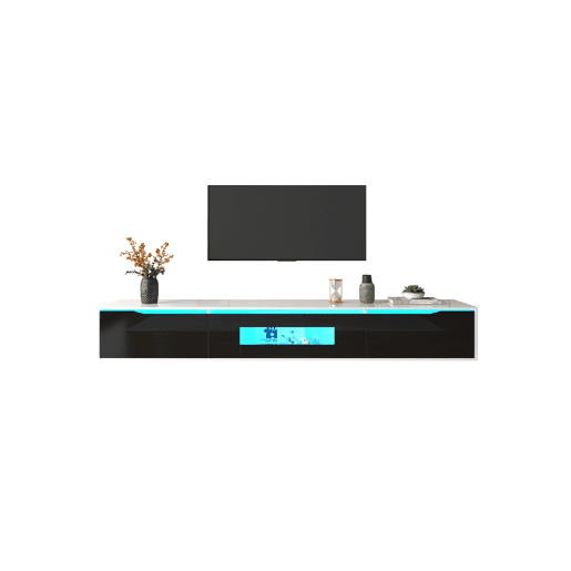 Móvel de TV 180cm de painel de partículas com luz lED e portas giratórias,branco+preto