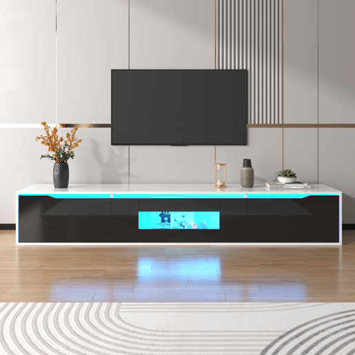 Móvel de TV 180cm de painel de partículas com luz lED e portas giratórias,branco+preto