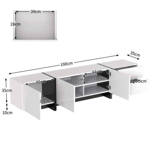 Móvel de TV 190cm de painel de partículas com 3 portas e 2 gavetas,branco