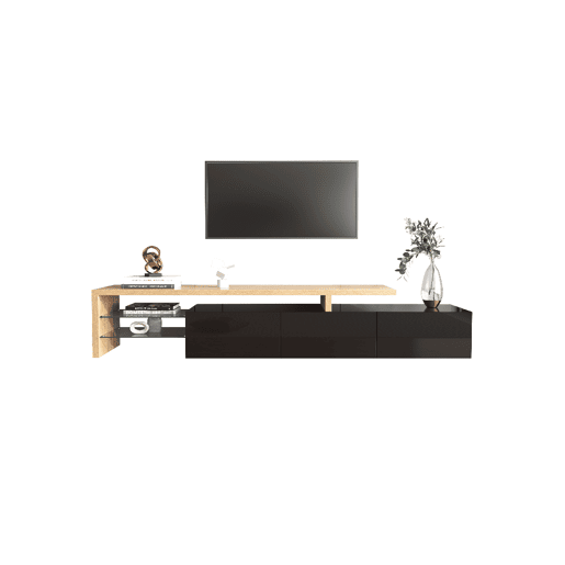 Móvel de TV 197,5cm de MDF com luz LED e 3 portas,preto+madeira