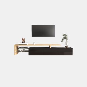 Móvel de TV 197,5cm de MDF com luz LED e 3 portas,preto+madeira