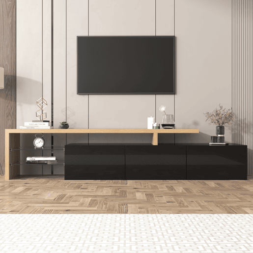 Móvel de TV 197,5cm de MDF com luz LED e 3 portas,preto+madeira