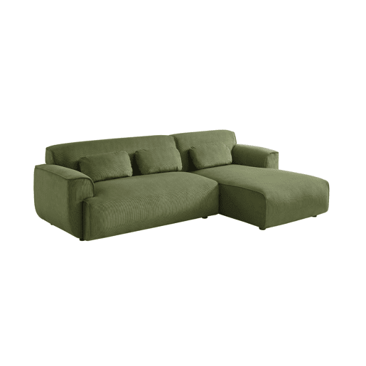 Sofá de canto em veludo canelado fino de 3 lugares, Wallas veludo canelado, Verde, 196x151x73 cm