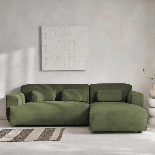 Sofá de canto em veludo canelado fino de 3 lugares, Wallas veludo canelado, Verde, 196x151x73 cm
