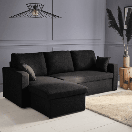Sofá-cama de canto conversível de 3 lugares , Ida, Preto, 219x84x68 cm