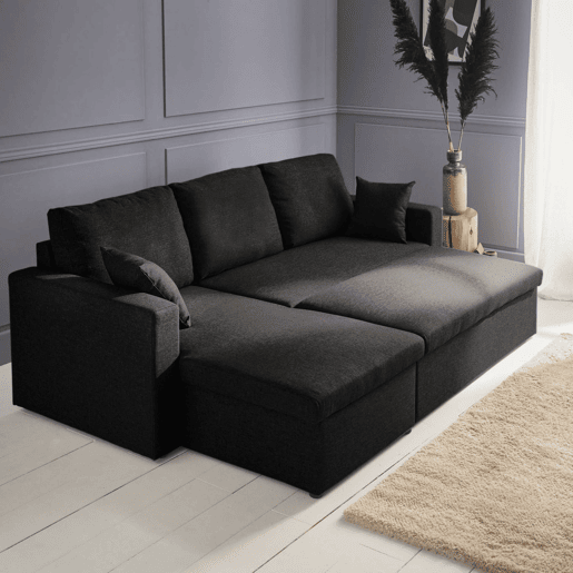 Sofá-cama de canto conversível de 3 lugares , Ida, Preto, 219x84x68 cm