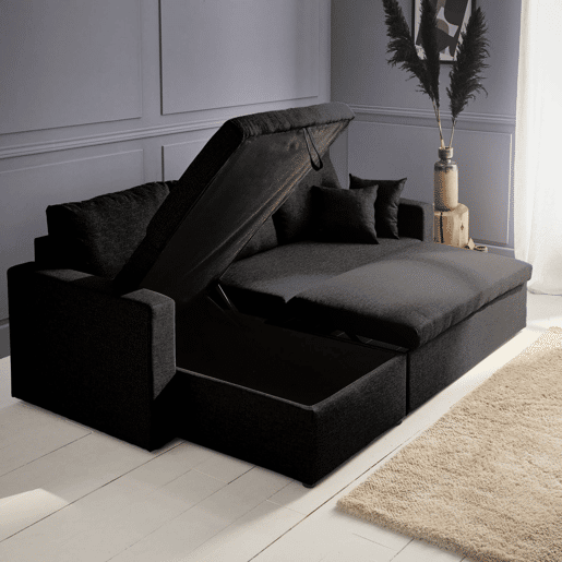 Sofá-cama de canto conversível de 3 lugares , Ida, Preto, 219x84x68 cm