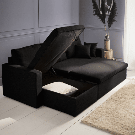 Sofá-cama de canto conversível de 3 lugares , Ida, Preto, 219x84x68 cm