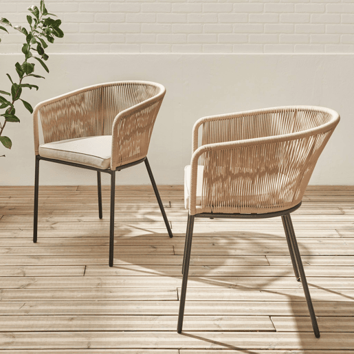 Cadeirão de jardim em corda e aço galvanizado, set de 2, Santos, Beige, 56.5x59x79 cm