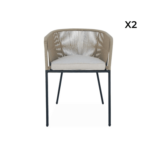 Cadeirão de jardim em corda e aço galvanizado, set de 2, Santos, Beige, 56.5x59x79 cm