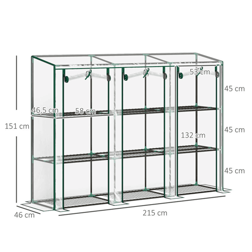 Outsunny Estufa Pequena Estufa de Exterior com Prateleiras de 3 Níveis Portas com Fecho de Correr e Estrutura de Aço Estufa para Cultivar Plantas Flores 215x46x151 cm Transparente