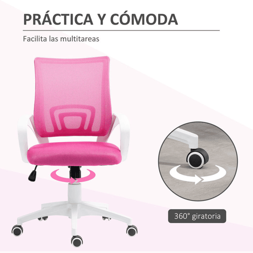 HOMCOM Cadeira de Escritório de Malha Cadeira de Escritório Giratória com Altura Ajustável Função Basculante e Apoio para os Braços Cadeira de Estúdio Carga 120 kg 57x55x89-109 cm Rosa