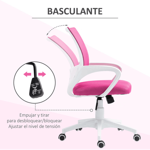 HOMCOM Cadeira de Escritório de Malha Cadeira de Escritório Giratória com Altura Ajustável Função Basculante e Apoio para os Braços Cadeira de Estúdio Carga 120 kg 57x55x89-109 cm Rosa