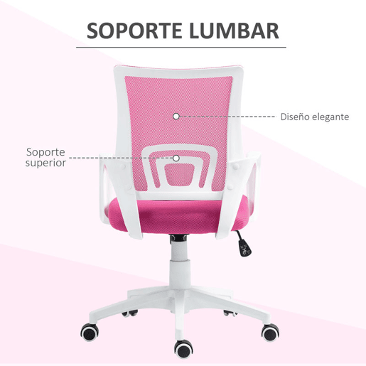HOMCOM Cadeira de Escritório de Malha Cadeira de Escritório Giratória com Altura Ajustável Função Basculante e Apoio para os Braços Cadeira de Estúdio Carga 120 kg 57x55x89-109 cm Rosa