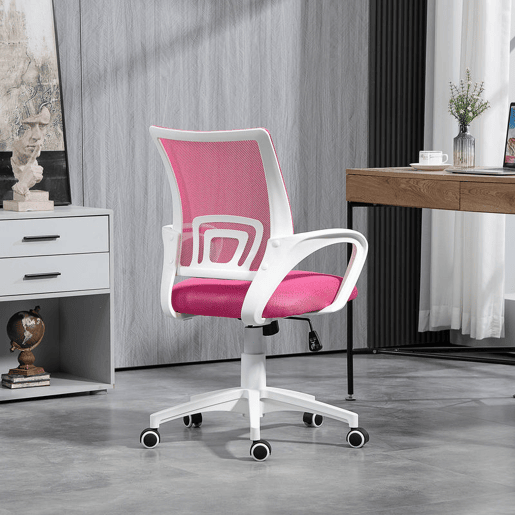 HOMCOM Cadeira de Escritório de Malha Cadeira de Escritório Giratória com Altura Ajustável Função Basculante e Apoio para os Braços Cadeira de Estúdio Carga 120 kg 57x55x89-109 cm Rosa