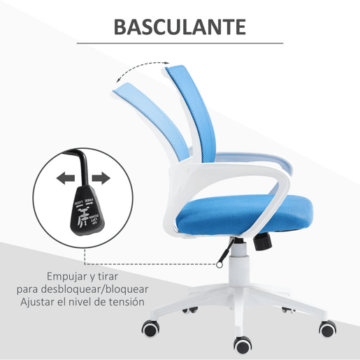 HOMCOM Cadeira de Escritório de Malha Cadeira de Escritório Giratória com Altura Ajustável Função Basculante e Apoio para os Braços Cadeira de Estúdio Carga 120 kg 57x55x89-109 cm Azul