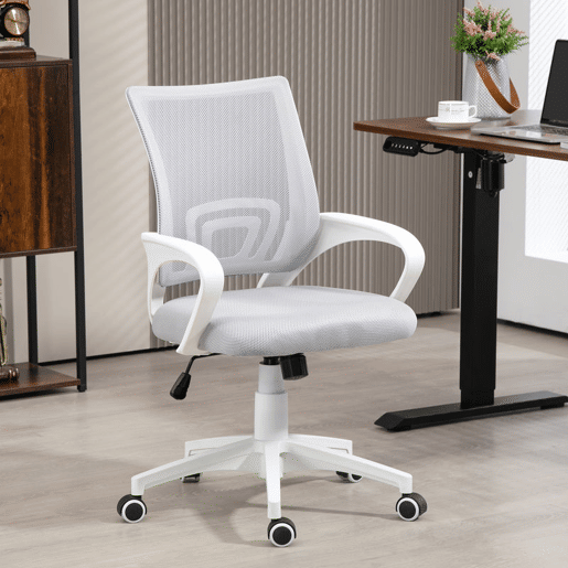 HOMCOM Cadeira de Escritório de Malha Cadeira de Escritório Giratória com Altura Ajustável Função Basculante e Apoio para os Braços Cadeira de Estúdio Carga 120 kg 57x55x89-109 cm Cinza